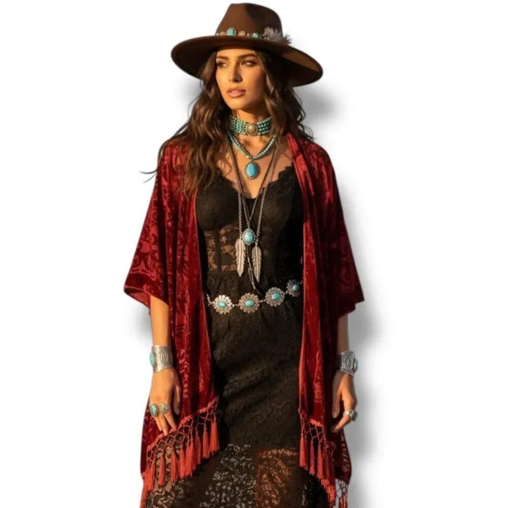 Red Long Fringe Floral Velvet Kimono Jacket OS NWT Crimson Duster
